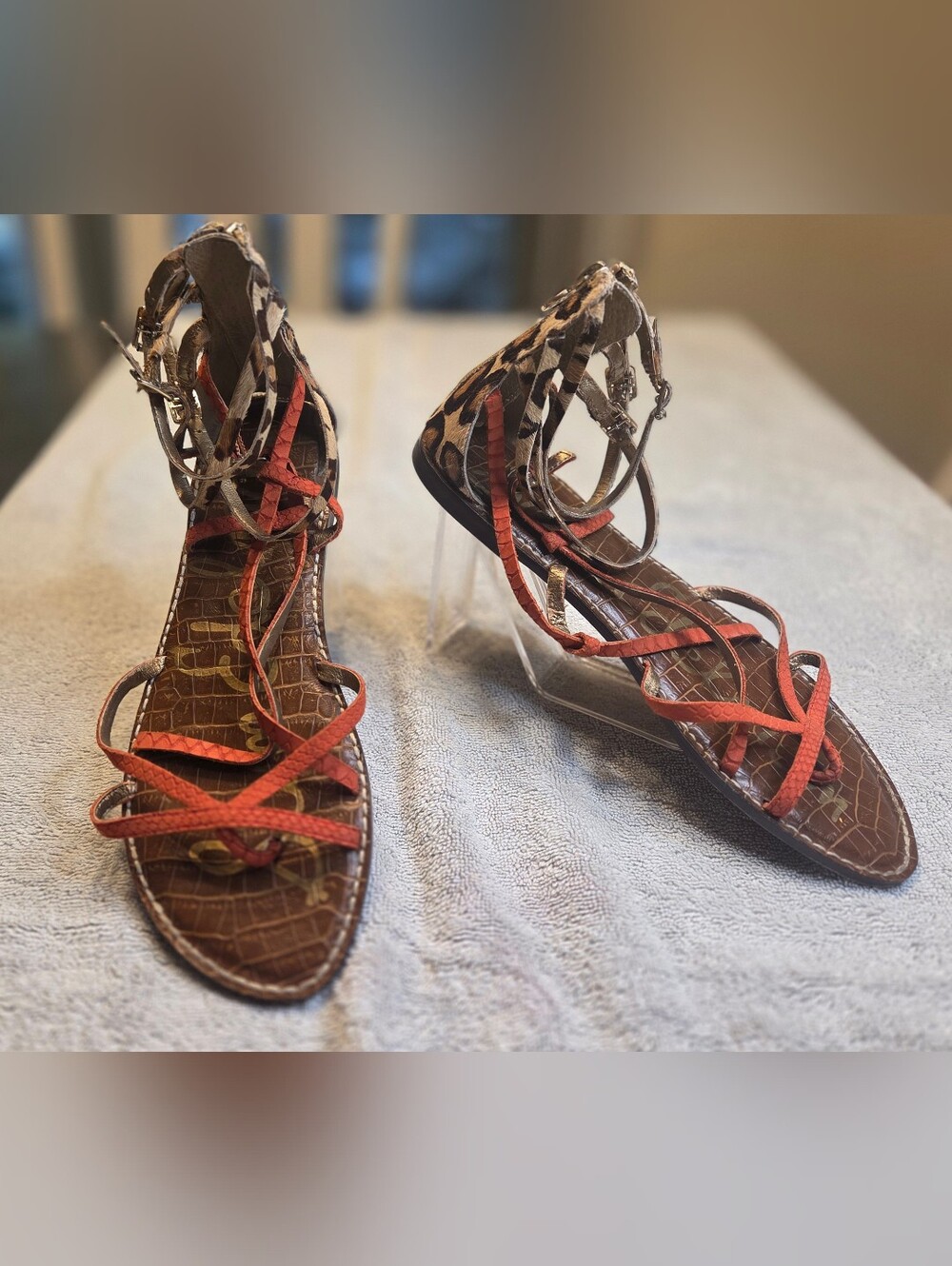 Sam Edelman Gable Gladiator Sandals Leopard Calf Hair Red Strappy Women Size 10M